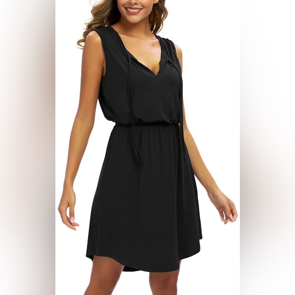 Women's Sleeveless Drawstring Loose Swing Tunic Tank Dress Knee Length
